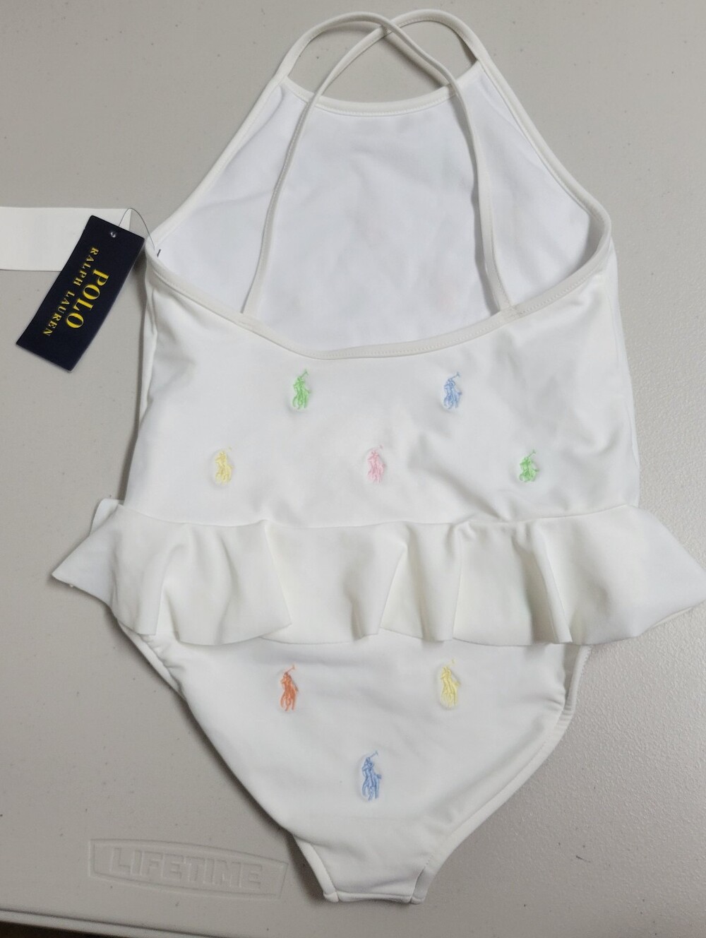 Polo Ralph Lauren NWT White One-Piece Girls Swimsuit with Multicolor Pony Logo. - Picture 6 of 16